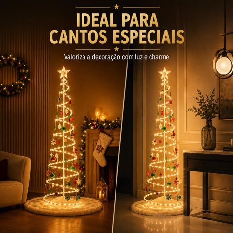 Árvore espiral iluminada em dois ambientes diferentes da casa