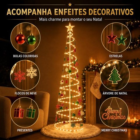 Árvore espiral com enfeites natalinos variados